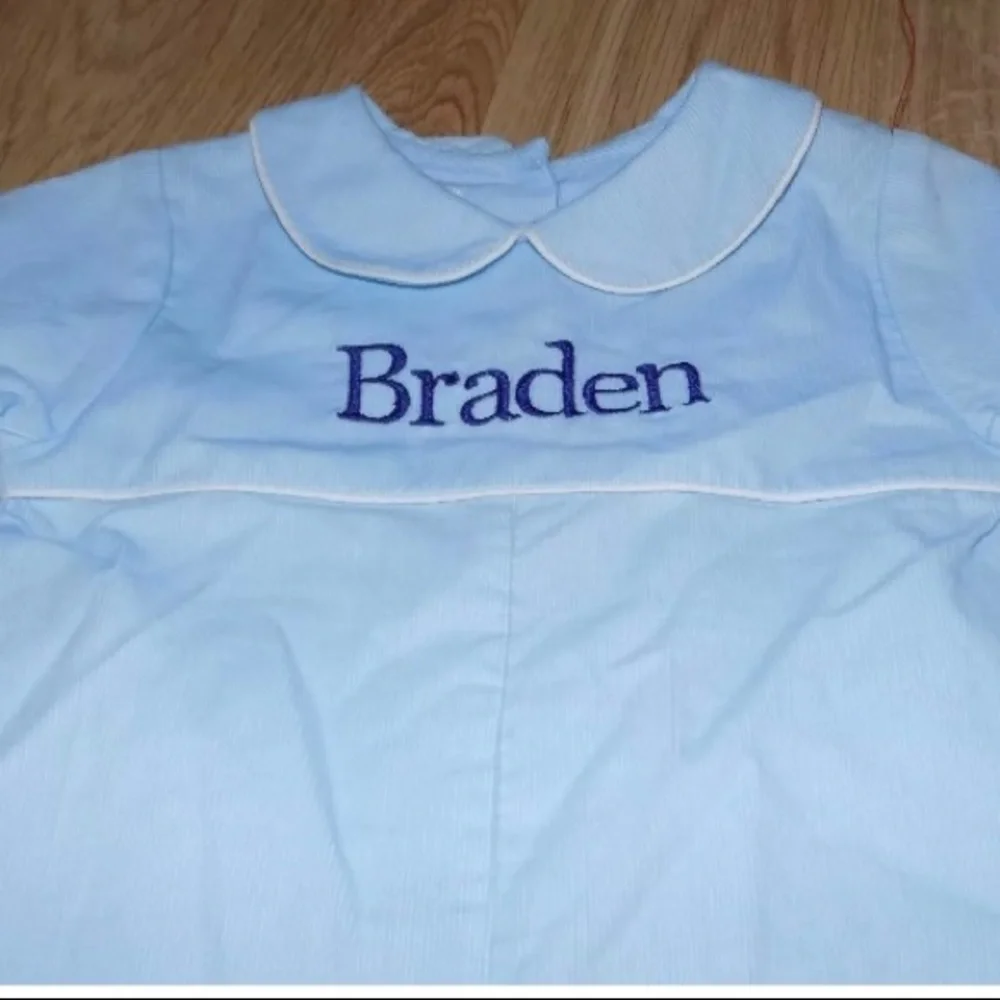 Size 3 Months Petit Ami Light Blue Corduroy One-Piece Romper BRADEN Embroidered - Picture 2 of 5